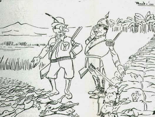 Retour de chasse (à gauche le président Abadía Méndez, à droite le général Cortés Vargas), caricature de 1930).