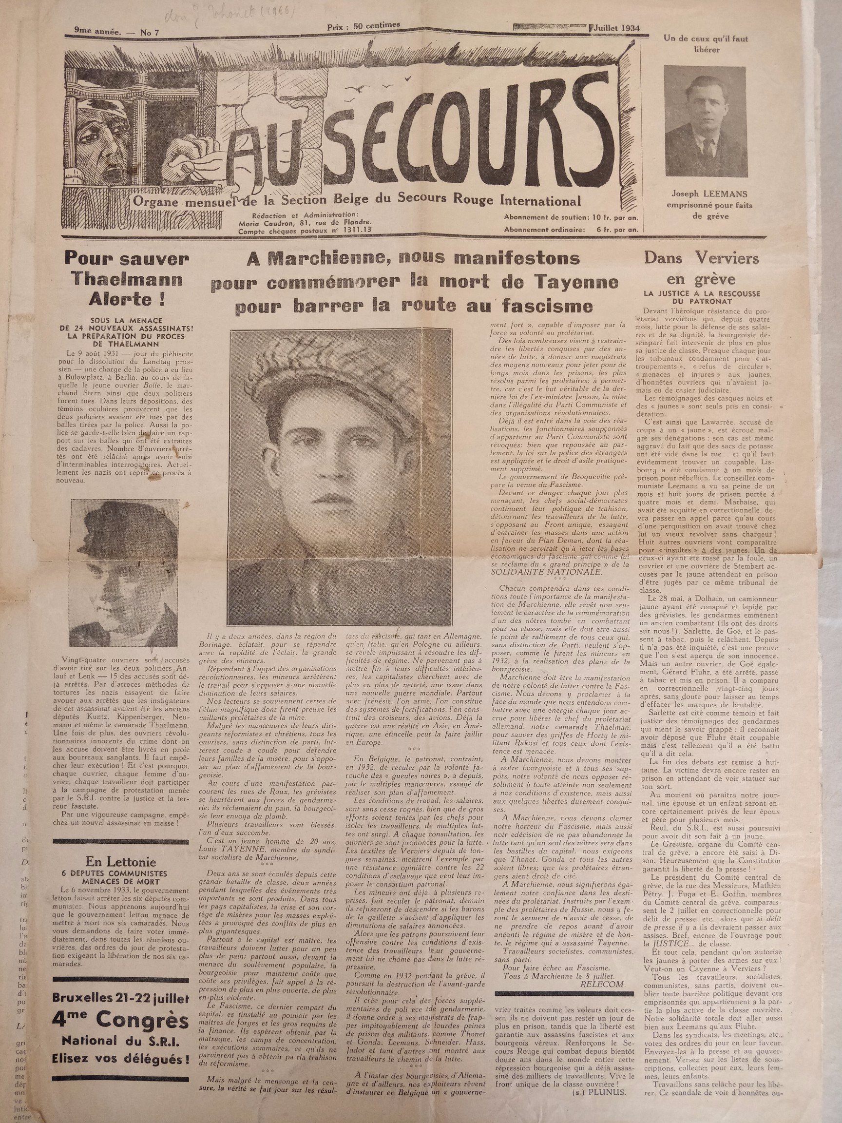 L'appel à la manifestation Tayenne 1933 dans le journal du Secours rouge