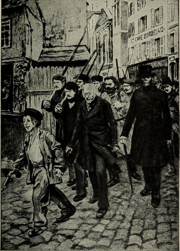 Gavroche et le vieux Mabeuf à la tête des insurgés
