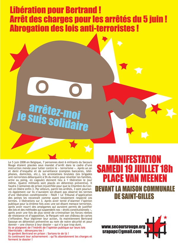 Affiche d'appel à la manifestation pour la libération des membres du Secours Rouge arrêtés le 5 juin - Juillet 2008 - Offset