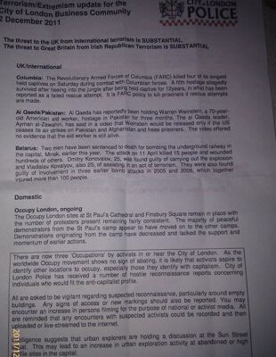 Note qualifiant 'Occupy London' de terroriste