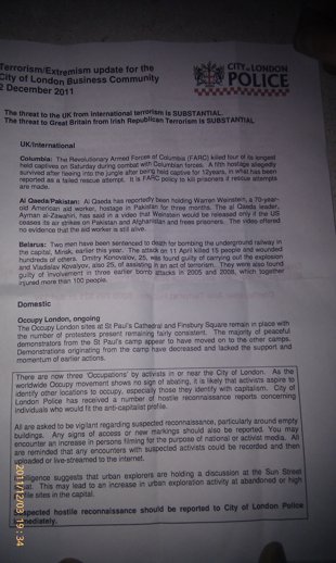 Note qualifiant 'Occupy London' de terroriste
