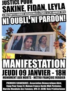Affiche pour le rassemblement à Toulouse pour Sakine, Fidan et Leyla