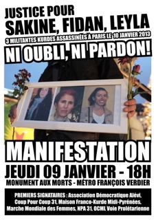 Affiche pour le rassemblement à Toulouse pour Sakine, Fidan et Leyla