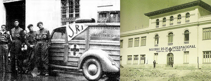 Le SRI dans la guerre d'Espagne: à gauche des volontaires canadiens, à droite un hôpital militaire