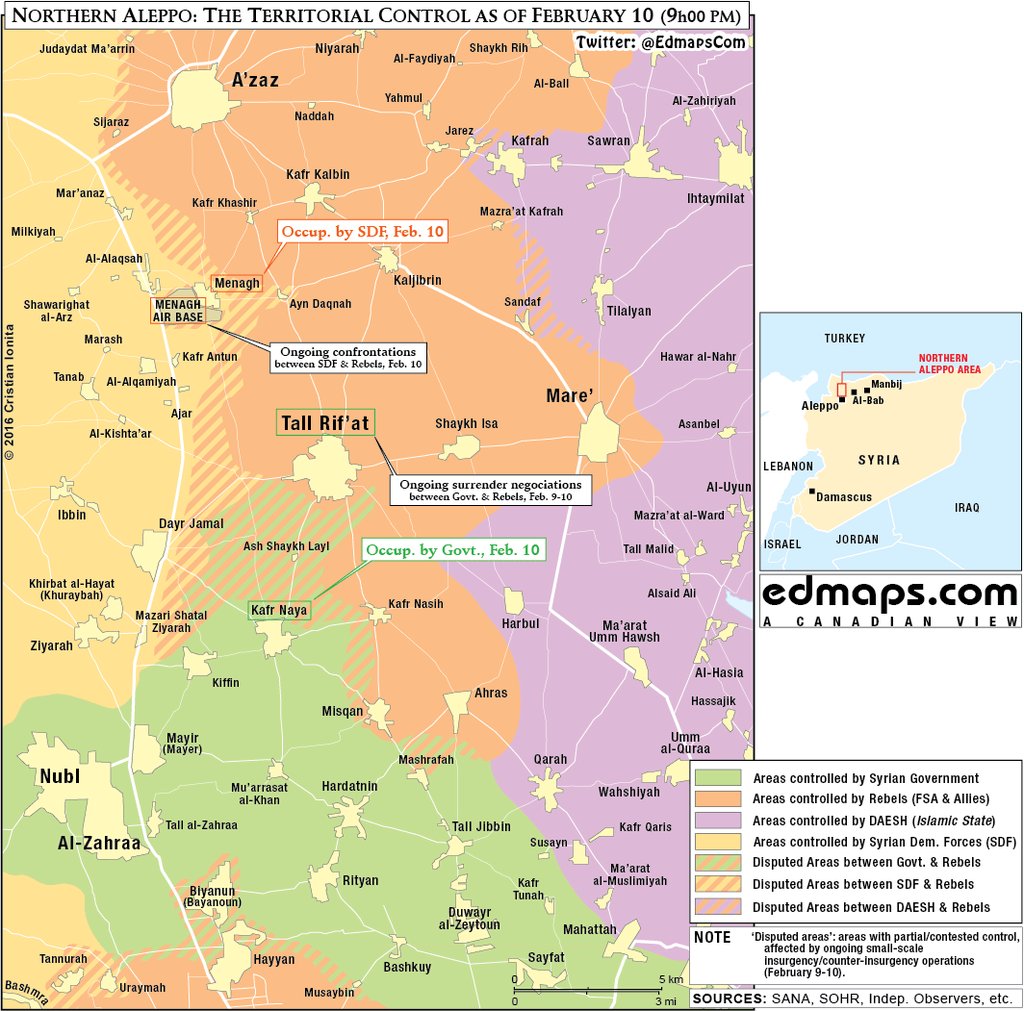 Situation dans le nord de la province d'Alep au 10 février 2016.