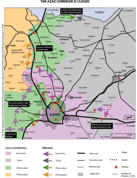 Situation dans le nord d'Alep au 1 février 2016. Situation dans le nord d'Alep au 1 février 2016.