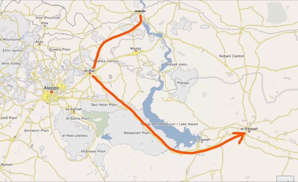La route des aides djihadistes allant de Jarabulus à Al-Bab et de Al-Bab à Raqqa