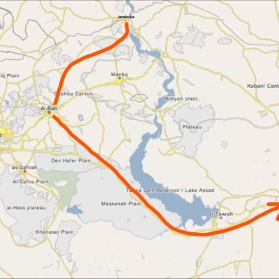 La route des aides djihadistes allant de Jarabulus à Al-Bab et de Al-Bab à Raqqa