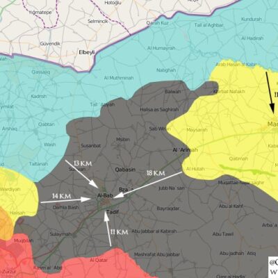 Fateh Halab en bleu, QSD en jaune, Daesh en noir, le régime en rouge