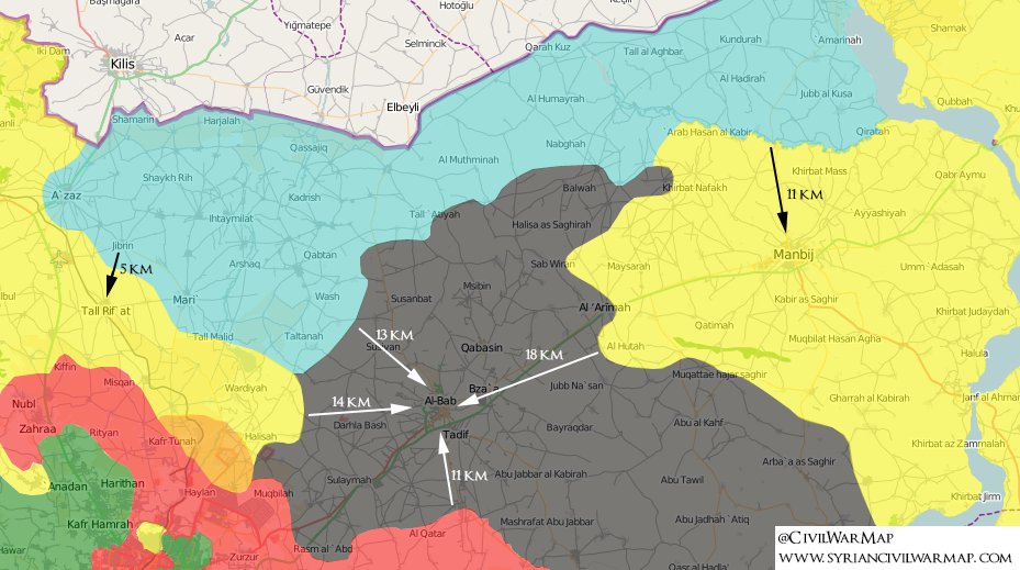 Fateh Halab en bleu, QSD en jaune, Daesh en noir, le régime en rouge