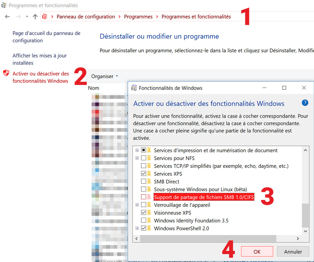 Désactivation du service SMB dans Windows.
