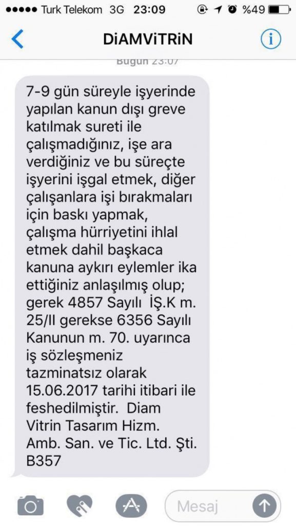 Le SMS reçu par les travailleurs en lutte de DIAM