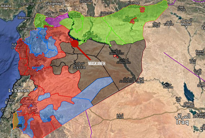 A Meskaneh (gros point rouge), l'isolement de Daesh est scellé.