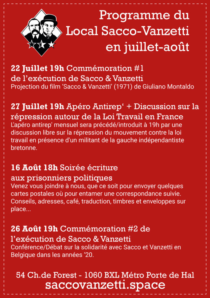 Programme du Sacco-Vanzetti en juillet-août