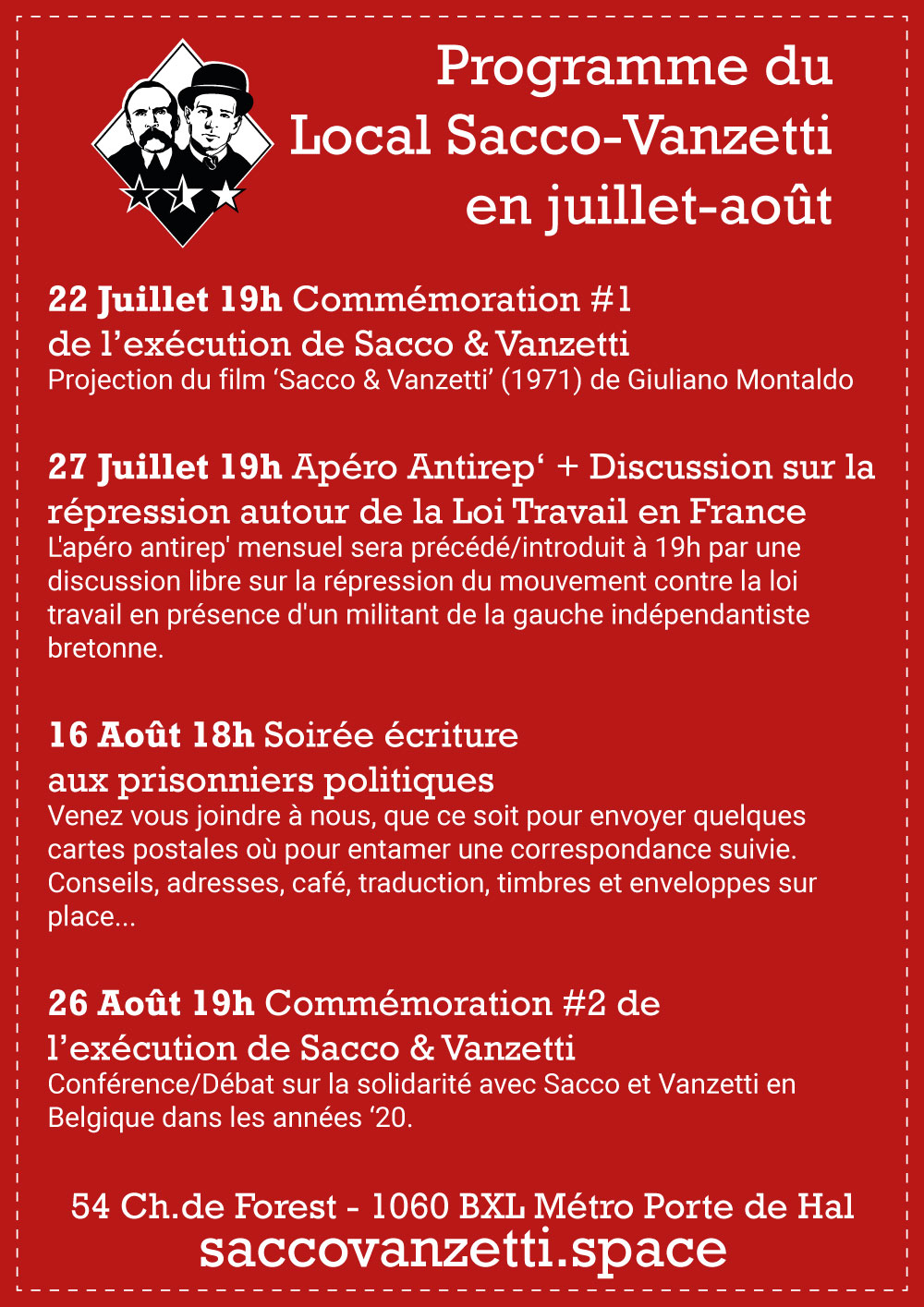 Programme du Sacco-Vanzetti en juillet-août