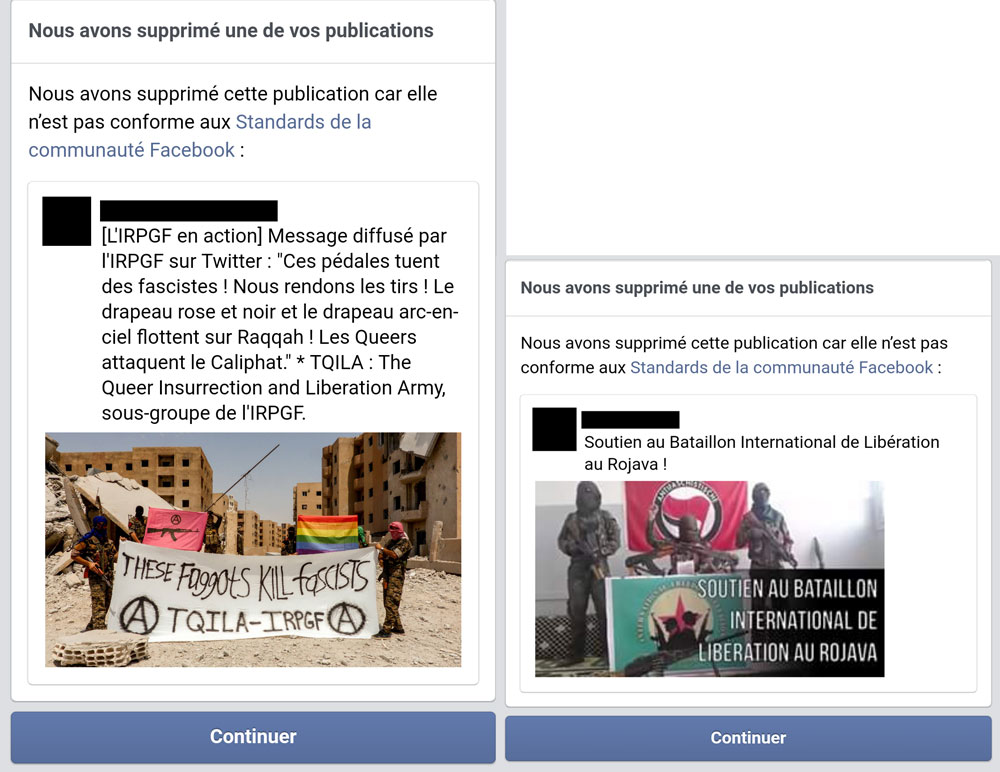 Censure de la page de Soutien au Bataillon International de Libération au Rojava