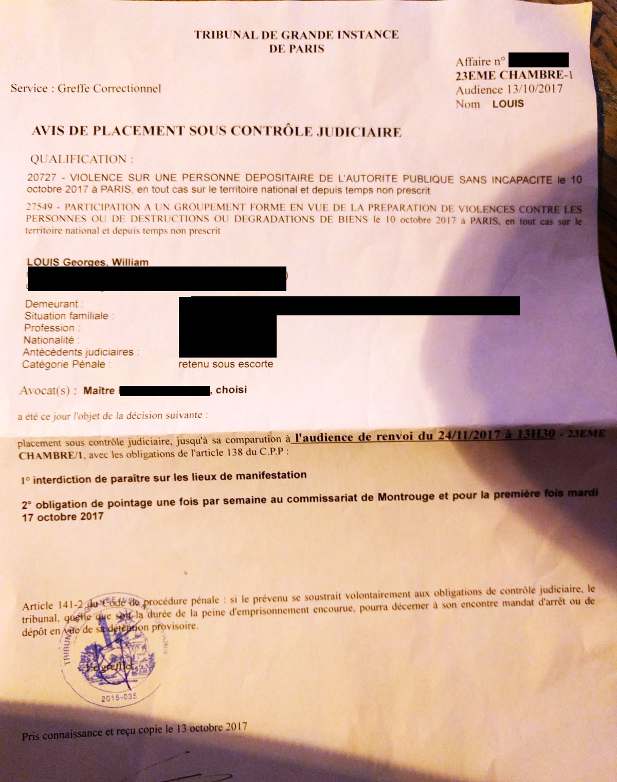 Contrôle judiciaire de Louis