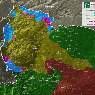 En bleu et rose, la zone d'occupation turque.