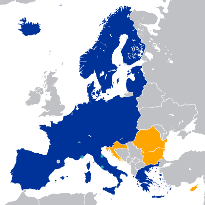 L'espace Schengen aujourdhui (en orange, les futurs membres)