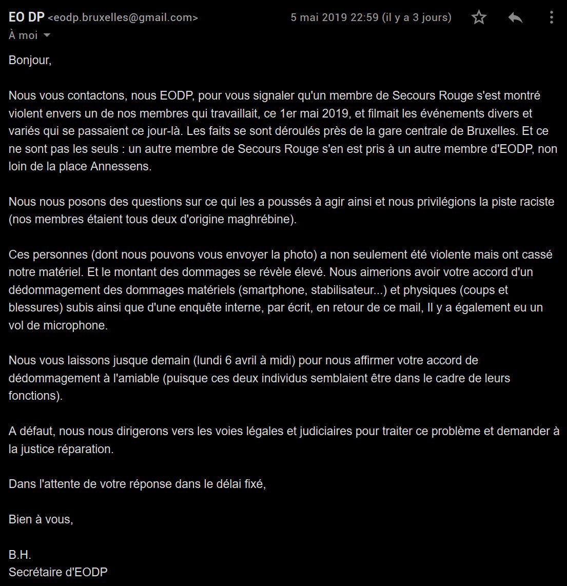 Menace de plainte de la part d'EODP Menace de plainte de la part d'EODP