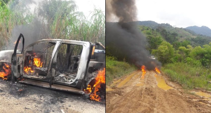 Le véhicule de police incendié après l'embuscade