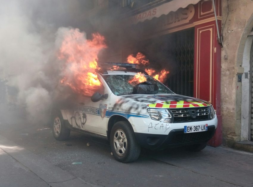 Voiture de police municipale incendiée le 7 septembre à Montpellier lors de l'acte 43 des gilets jaunes