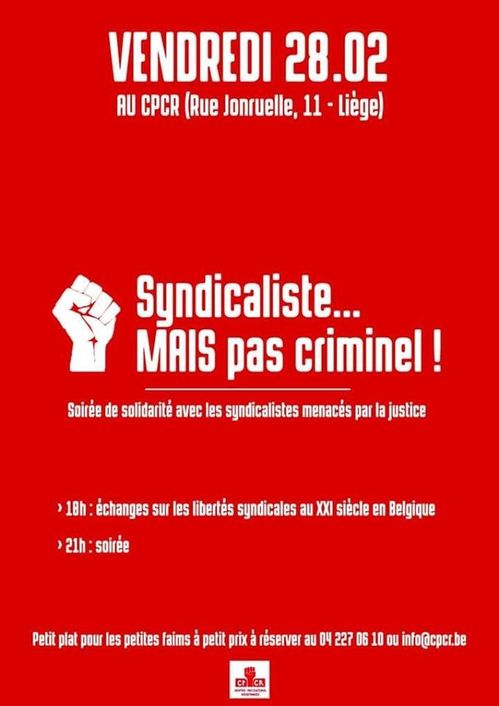 Belgique : Soirée de soutien aux syndicalistes menacés par la justice 